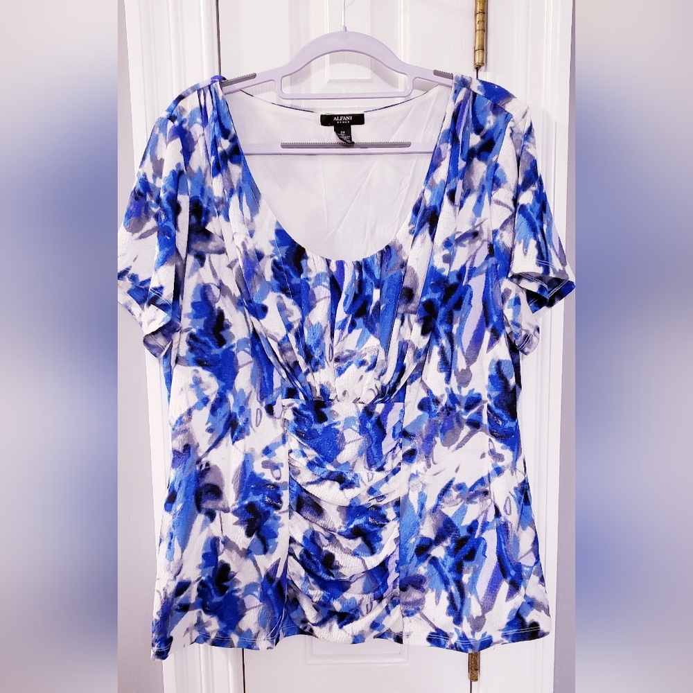 Women's Alfani Multicolor Blue White Pullover Top Short Sleeves Size 2X